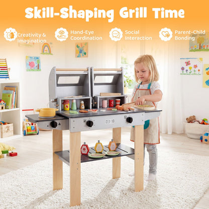 Grey Wooden BBQ Grill Playset | Kids Toy with Tools & Food