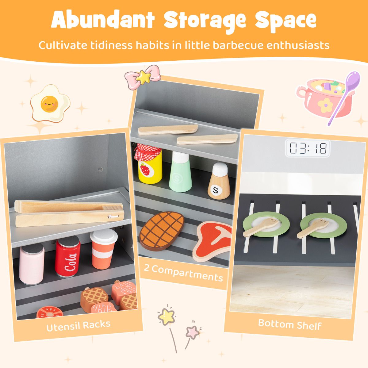 Grey Wooden BBQ Grill Playset | Kids Toy with Tools & Food