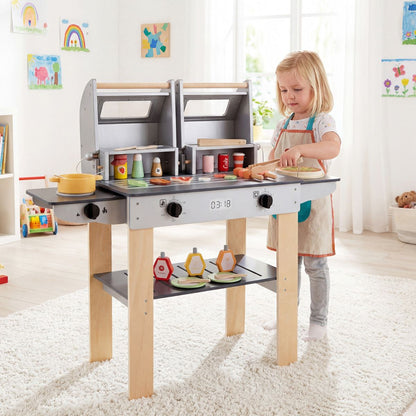 Grey Wooden BBQ Grill Playset | Kids Toy with Tools & Food