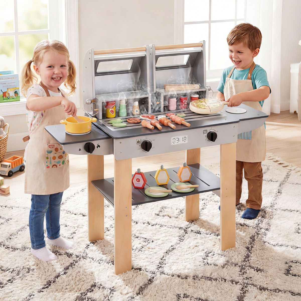 Grey Wooden BBQ Grill Playset | Kids Toy with Tools & Food