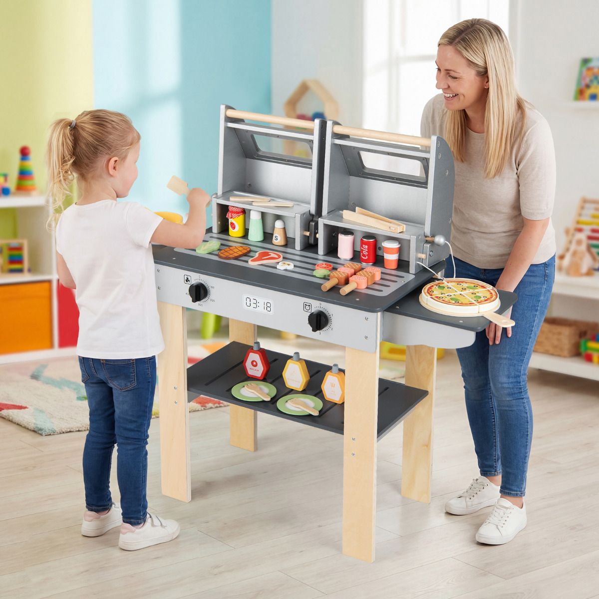 Grey Wooden BBQ Grill Playset | Kids Toy with Tools & Food