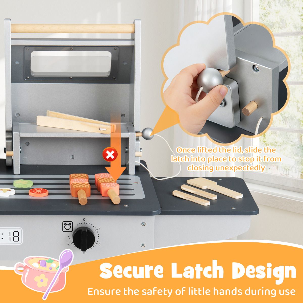 Grey Wooden BBQ Grill Playset | Kids Toy with Tools & Food