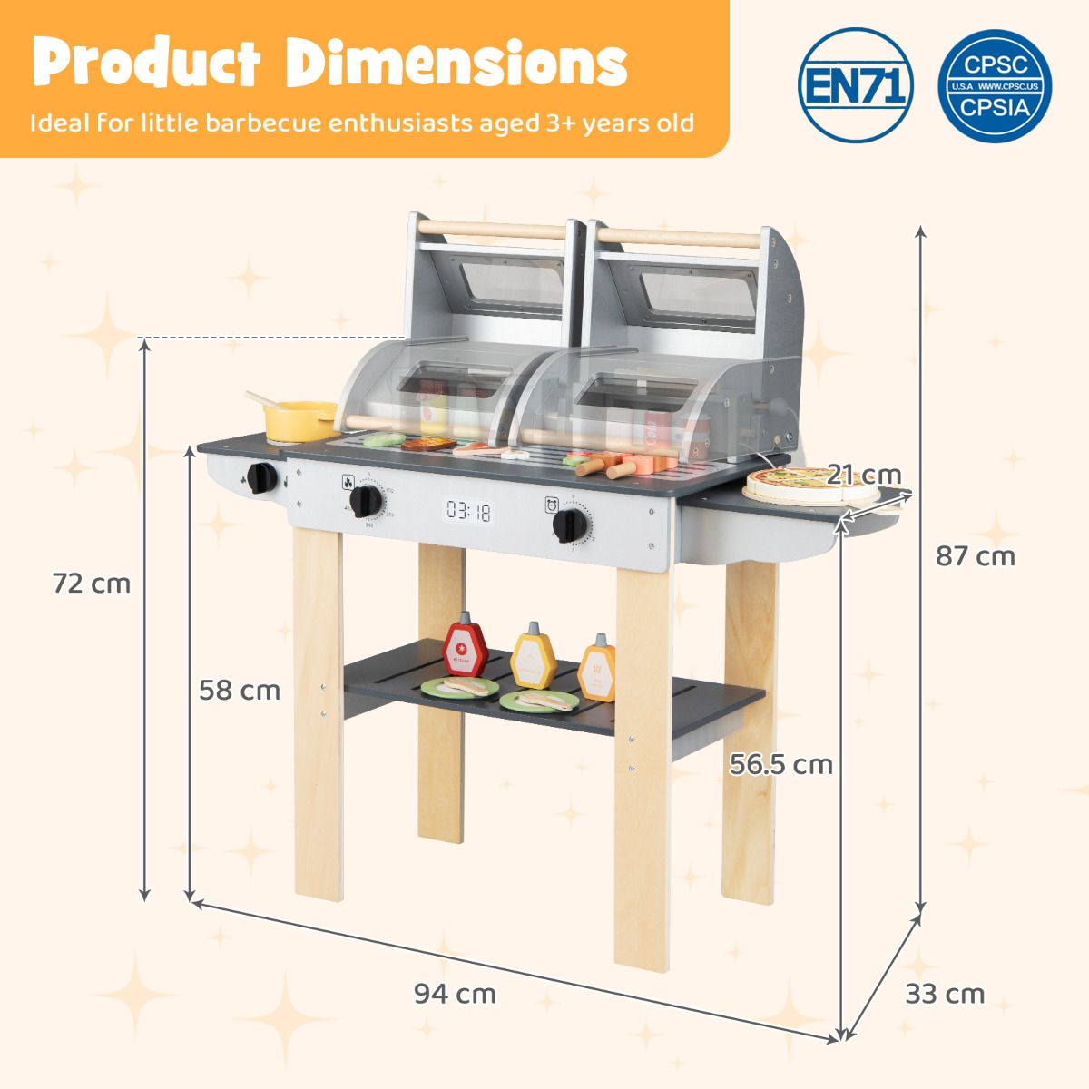 Grey Wooden BBQ Grill Playset | Kids Toy with Tools & Food