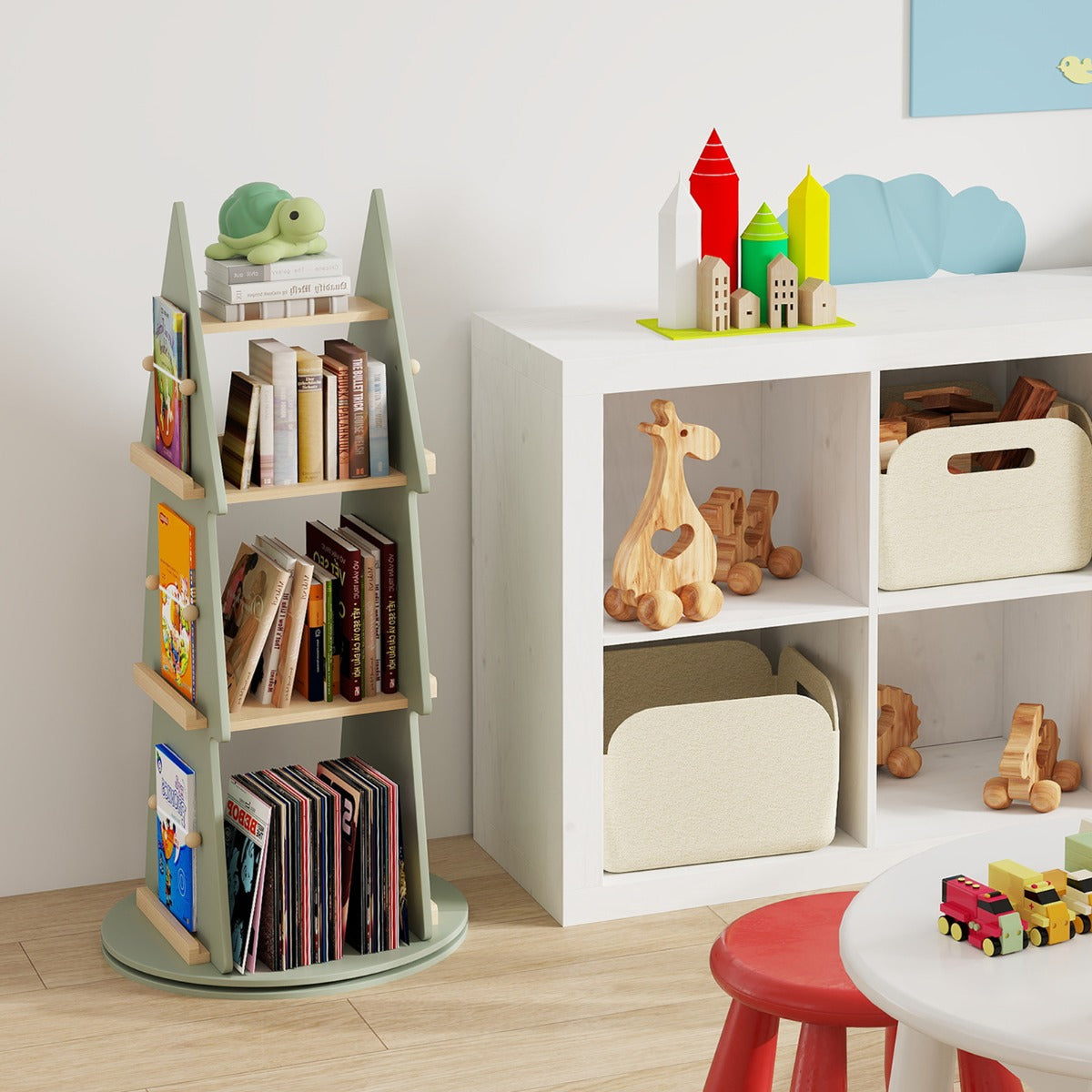 4-Tier Tree Shape Wooden Kids Rotating Bookshelf for Classroom Playroom Bedroom-Green