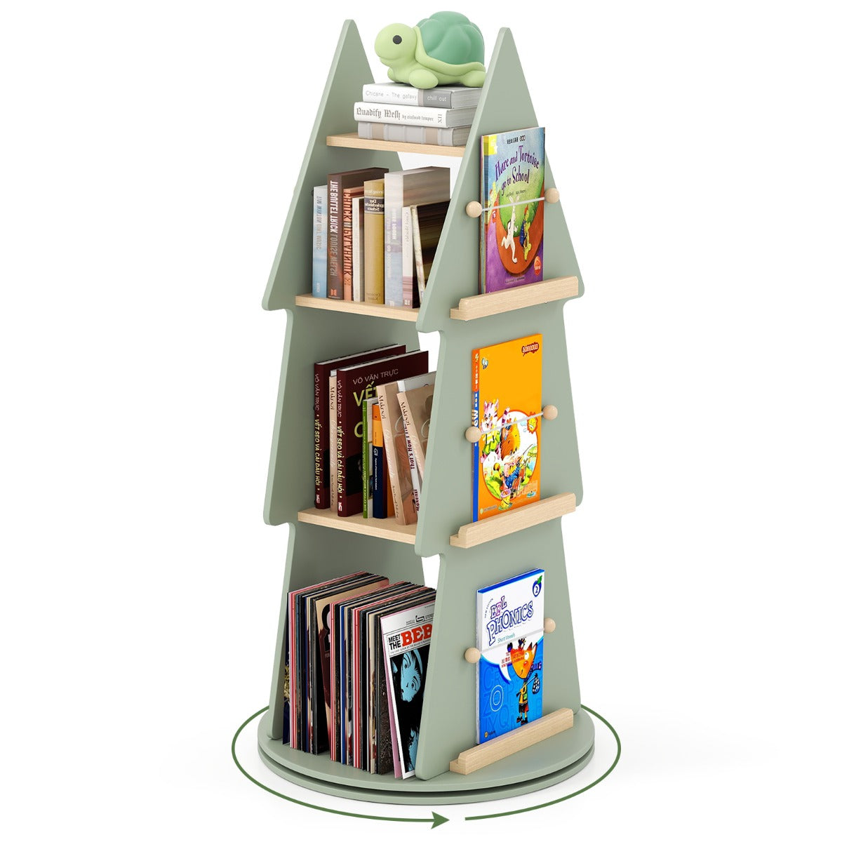 360° Rotating Green Tree Bookshelf | 4 Tier Kids Storage Rack