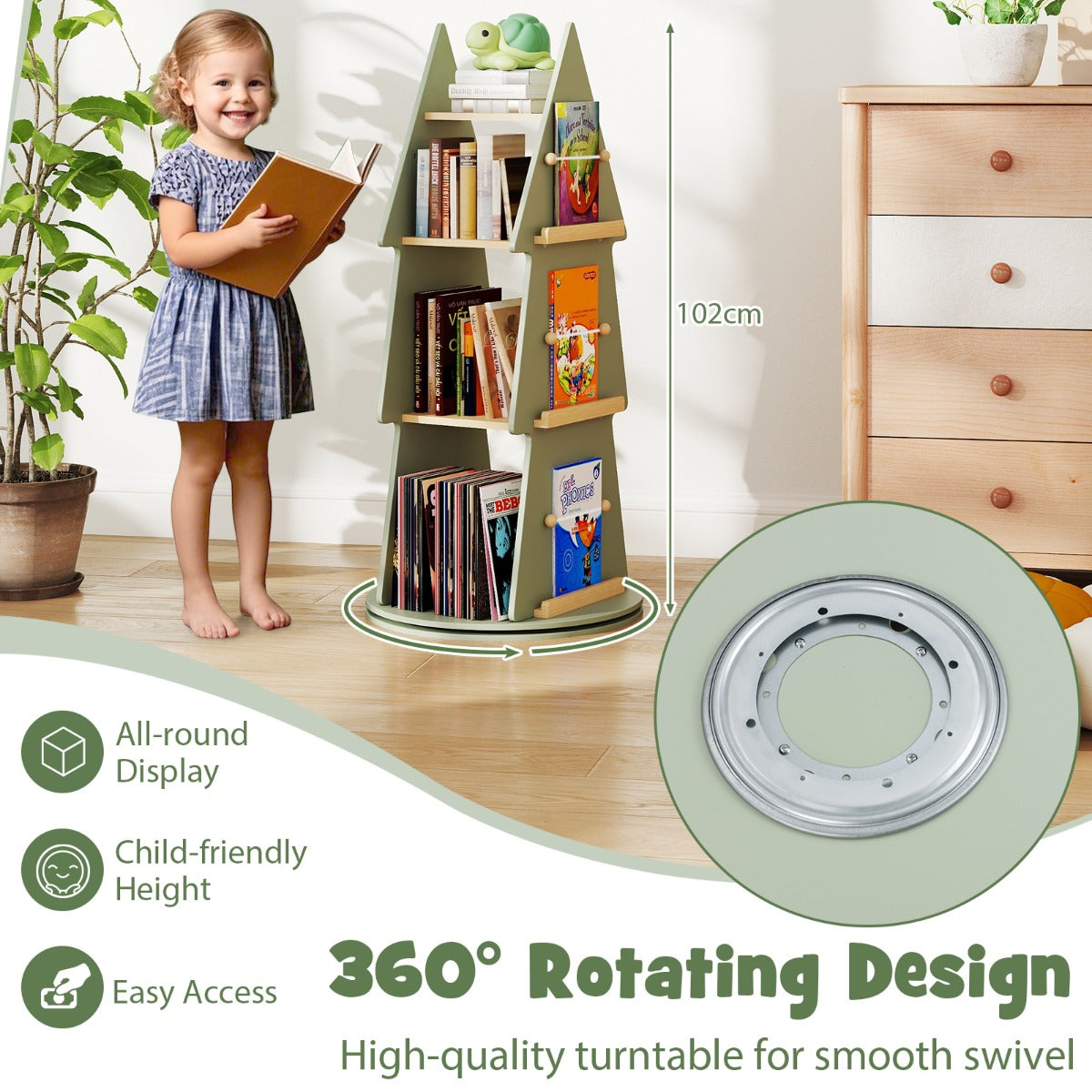 360° Rotating Green Tree Bookshelf | 4 Tier Kids Storage Rack