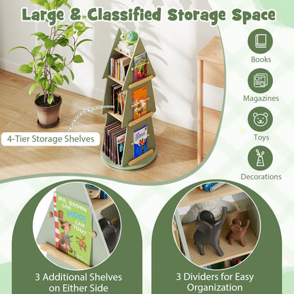 360° Rotating Green Tree Bookshelf | 4 Tier Kids Storage Rack