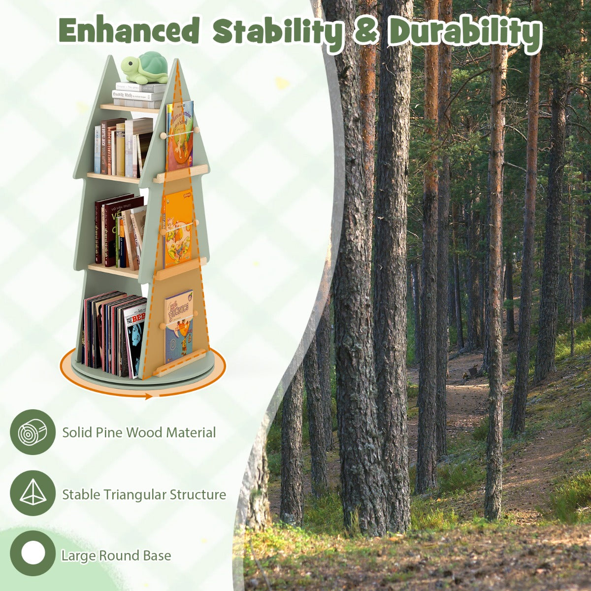 360° Rotating Green Tree Bookshelf | 4 Tier Kids Storage Rack