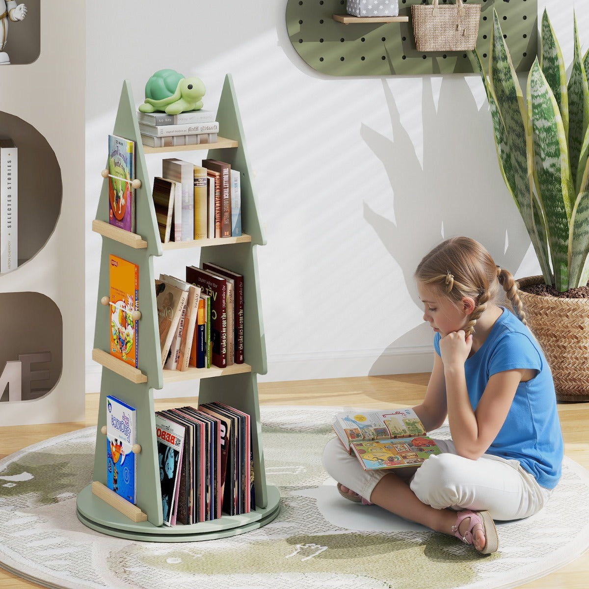 360° Rotating Green Tree Bookshelf | 4 Tier Kids Storage Rack