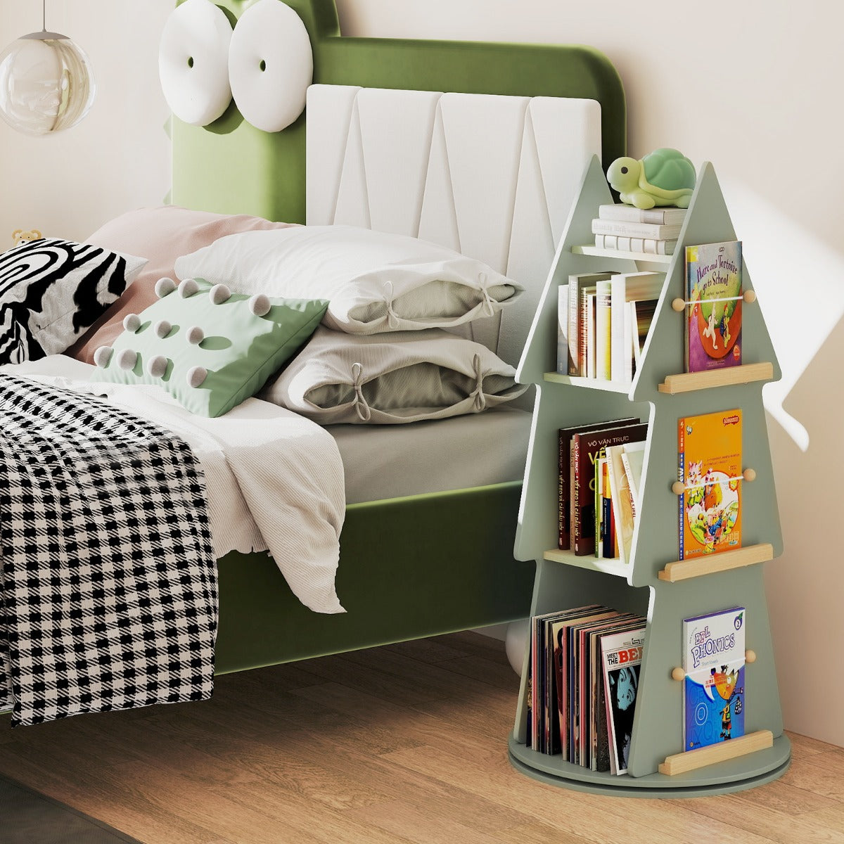 360° Rotating Green Tree Bookshelf | 4 Tier Kids Storage Rack
