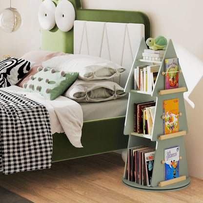 360° Rotating Green Tree Bookshelf | 4 Tier Kids Storage Rack