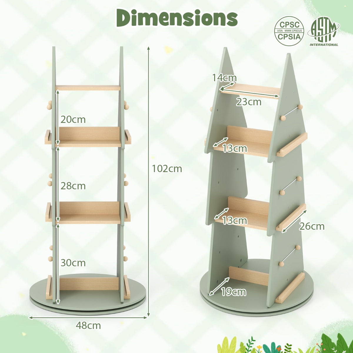 360° Rotating Green Tree Bookshelf | 4 Tier Kids Storage Rack