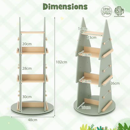 360° Rotating Green Tree Bookshelf | 4 Tier Kids Storage Rack