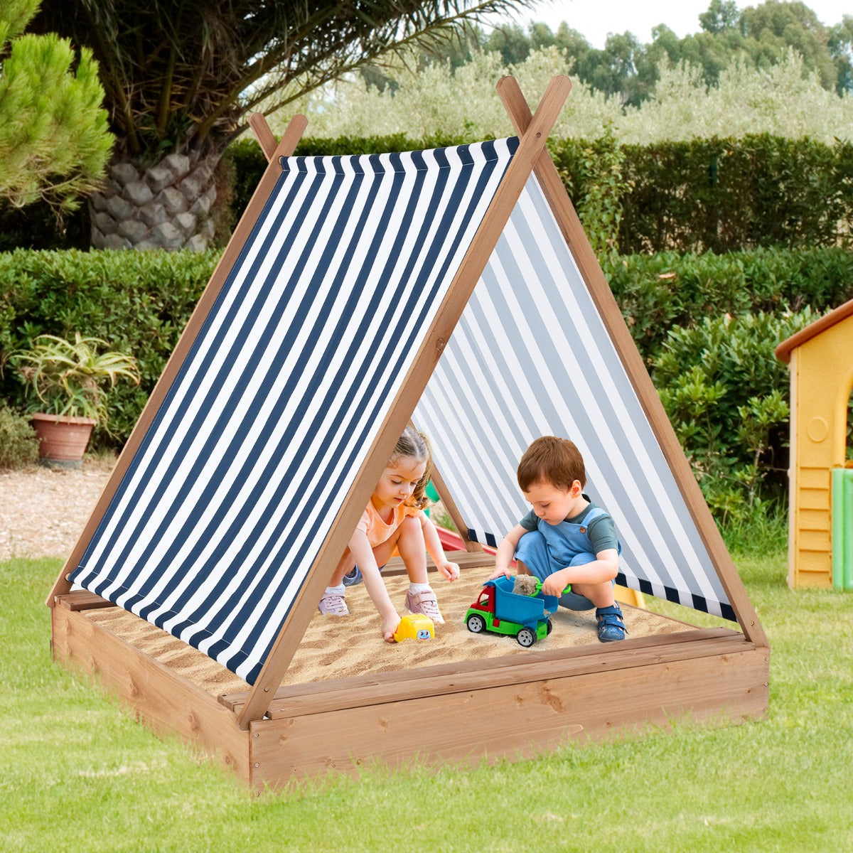 Wooden Kids Sandbox with UV-Protective Canopy, ideal outdoor play equipment for sun-safe fun.
