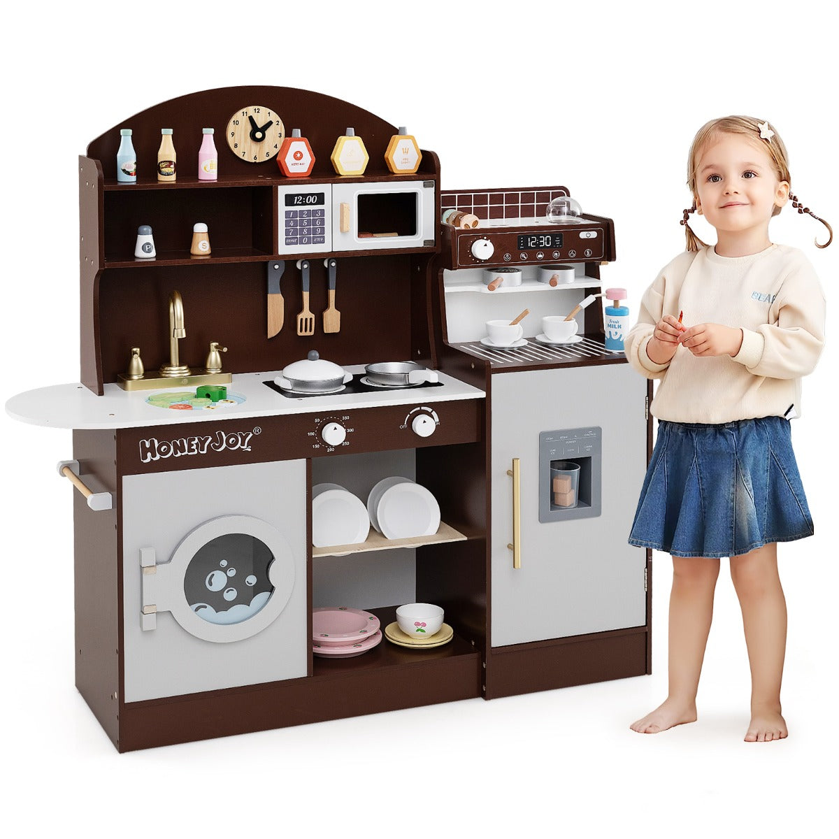 Wooden Kitchen Playset | Brown Interactive Toy with Coffee Maker