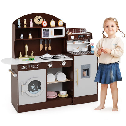Wooden Kitchen Playset | Brown Interactive Toy with Coffee Maker