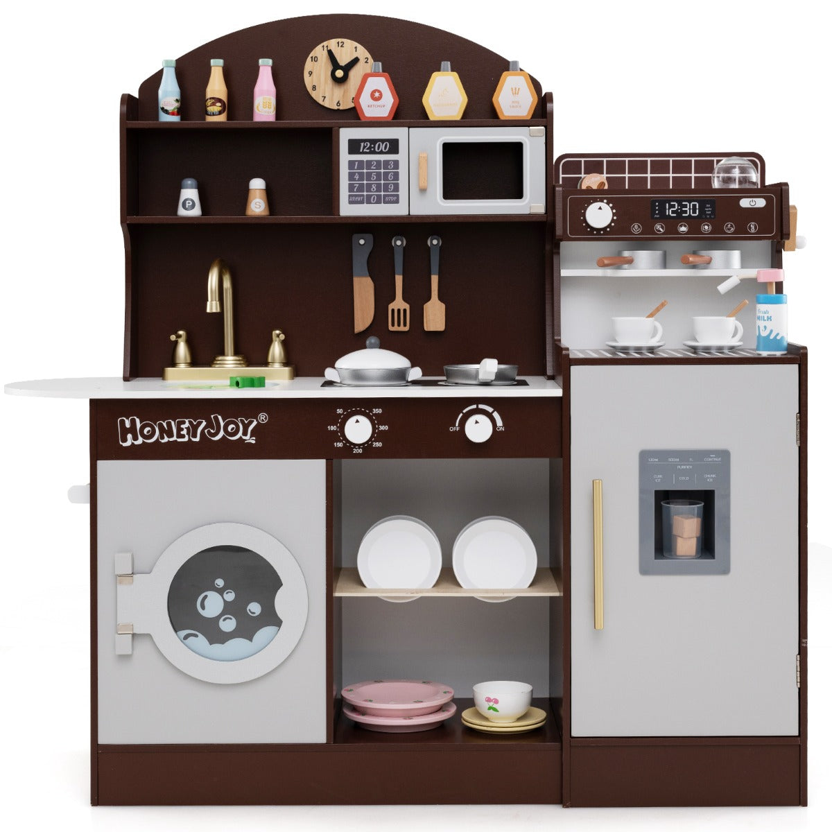 Wooden Kitchen Playset | Brown Interactive Toy with Coffee Maker