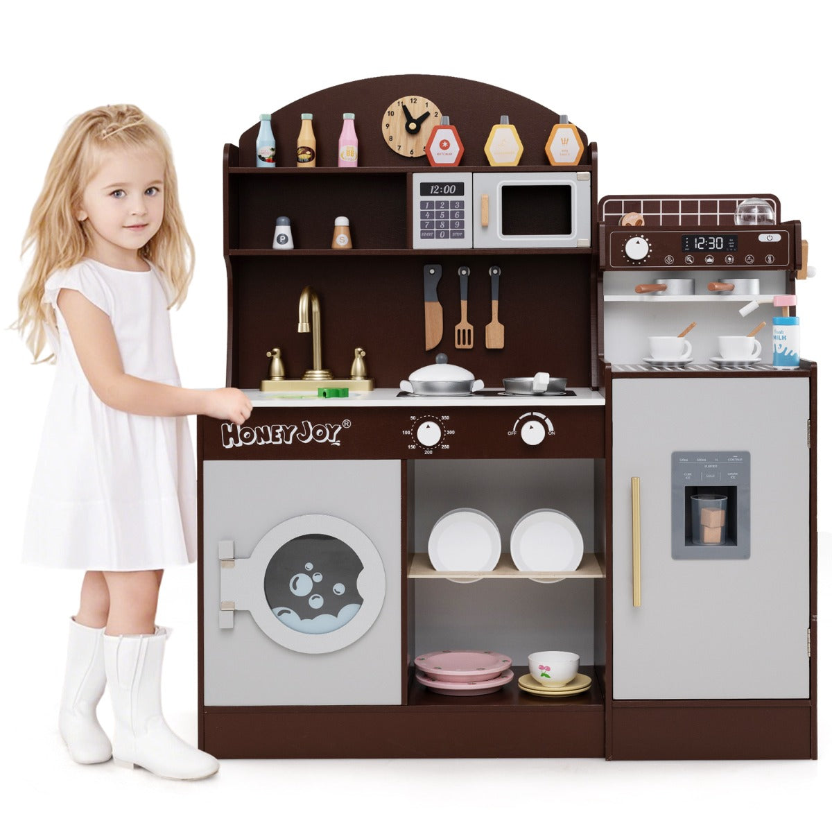 Wooden Kitchen Playset | Brown Interactive Toy with Coffee Maker