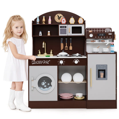 Wooden Kitchen Playset | Brown Interactive Toy with Coffee Maker