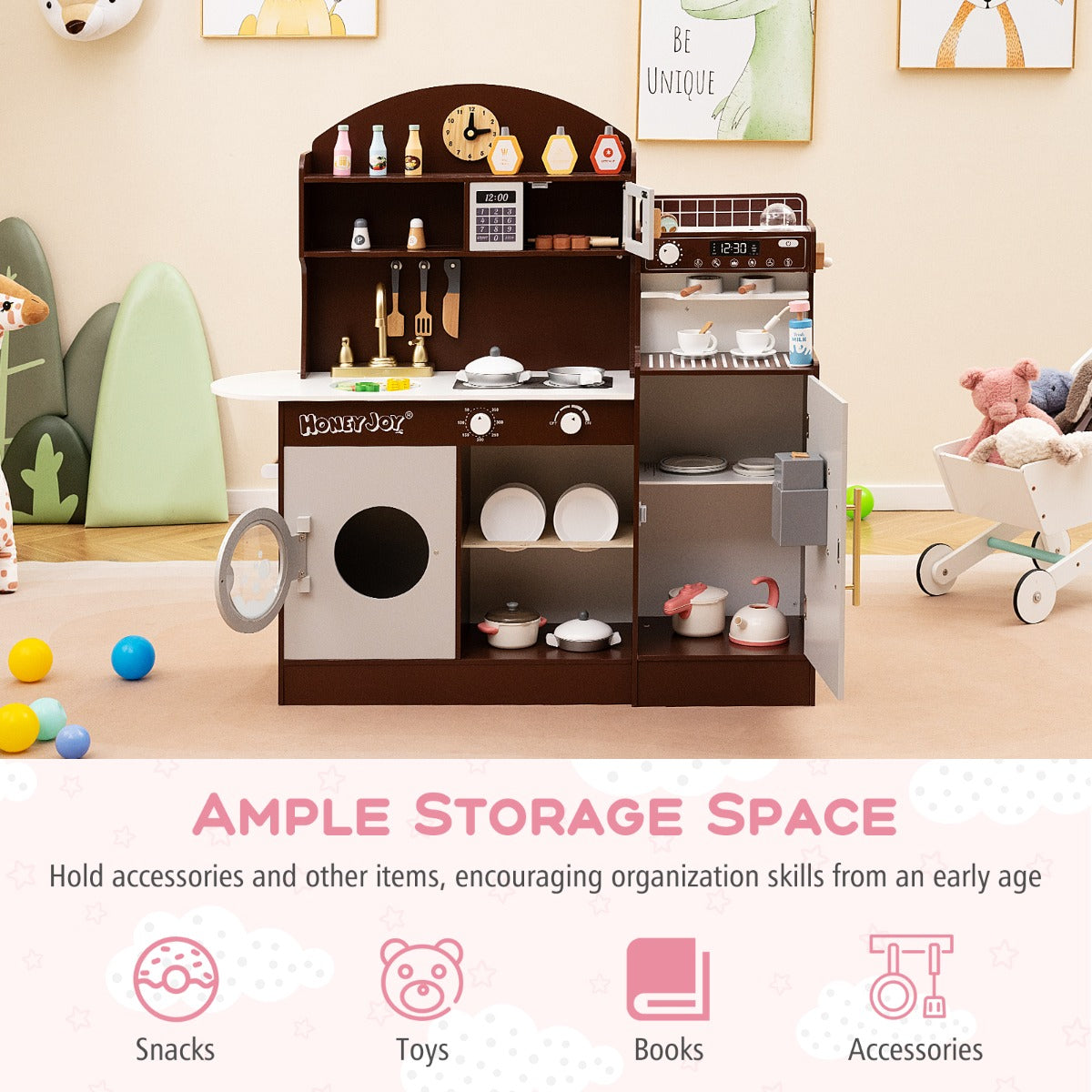 Wooden Kitchen Playset | Brown Interactive Toy with Coffee Maker