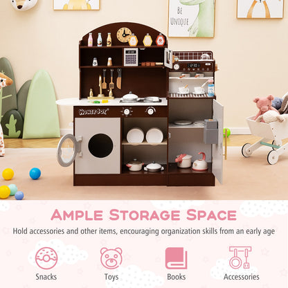 Wooden Kitchen Playset | Brown Interactive Toy with Coffee Maker