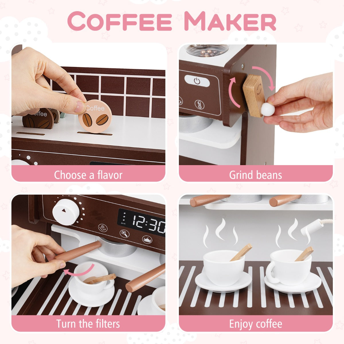 Wooden Kitchen Playset | Brown Interactive Toy with Coffee Maker