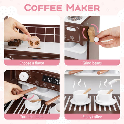 Wooden Kitchen Playset | Brown Interactive Toy with Coffee Maker