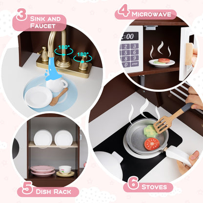 Wooden Kitchen Playset | Brown Interactive Toy with Coffee Maker