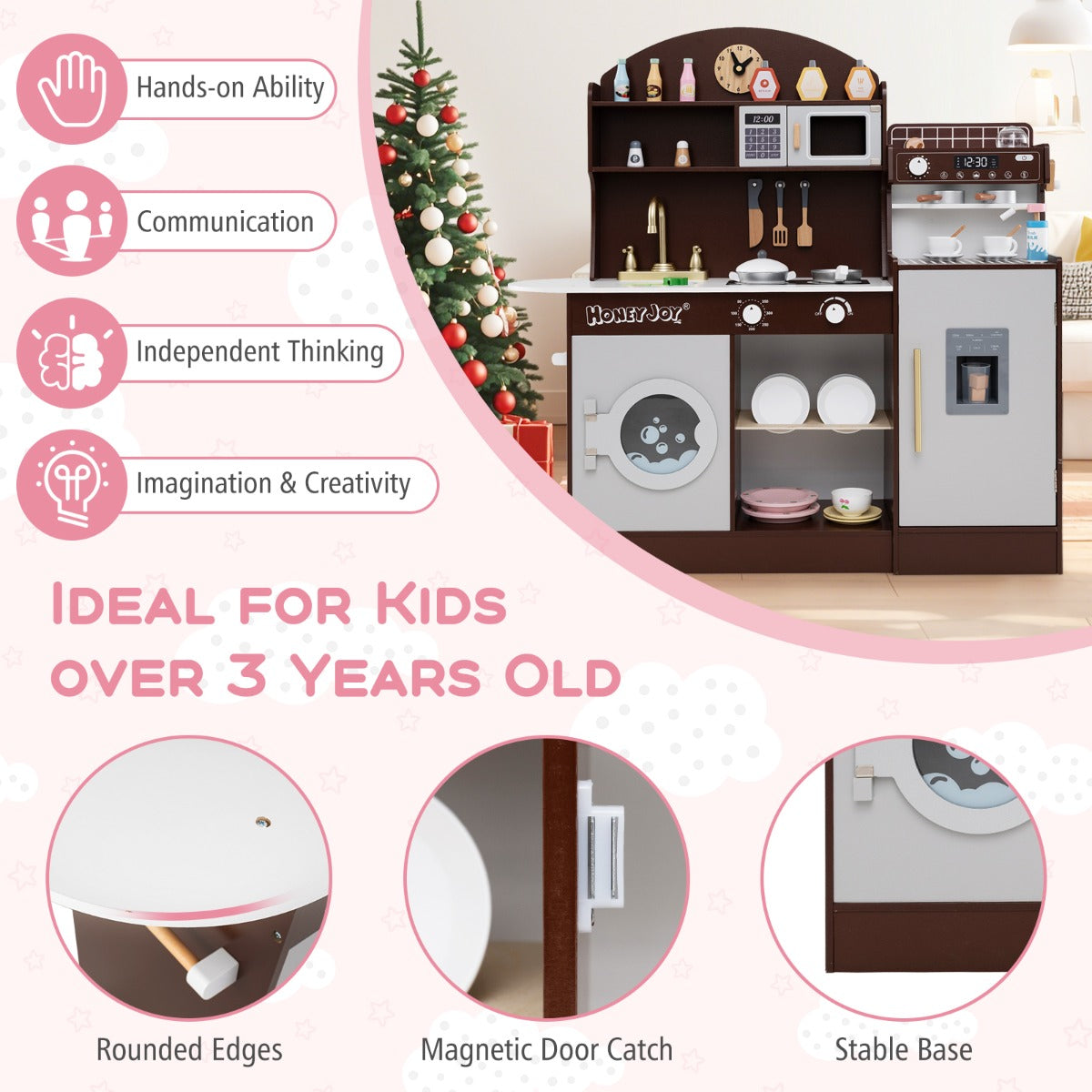 Wooden Kitchen Playset | Brown Interactive Toy with Coffee Maker