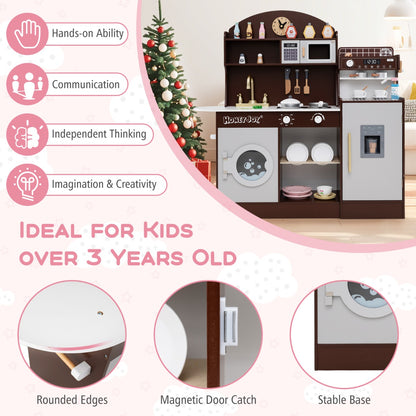 Wooden Kitchen Playset | Brown Interactive Toy with Coffee Maker