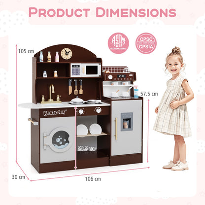 Wooden Kitchen Playset | Brown Interactive Toy with Coffee Maker
