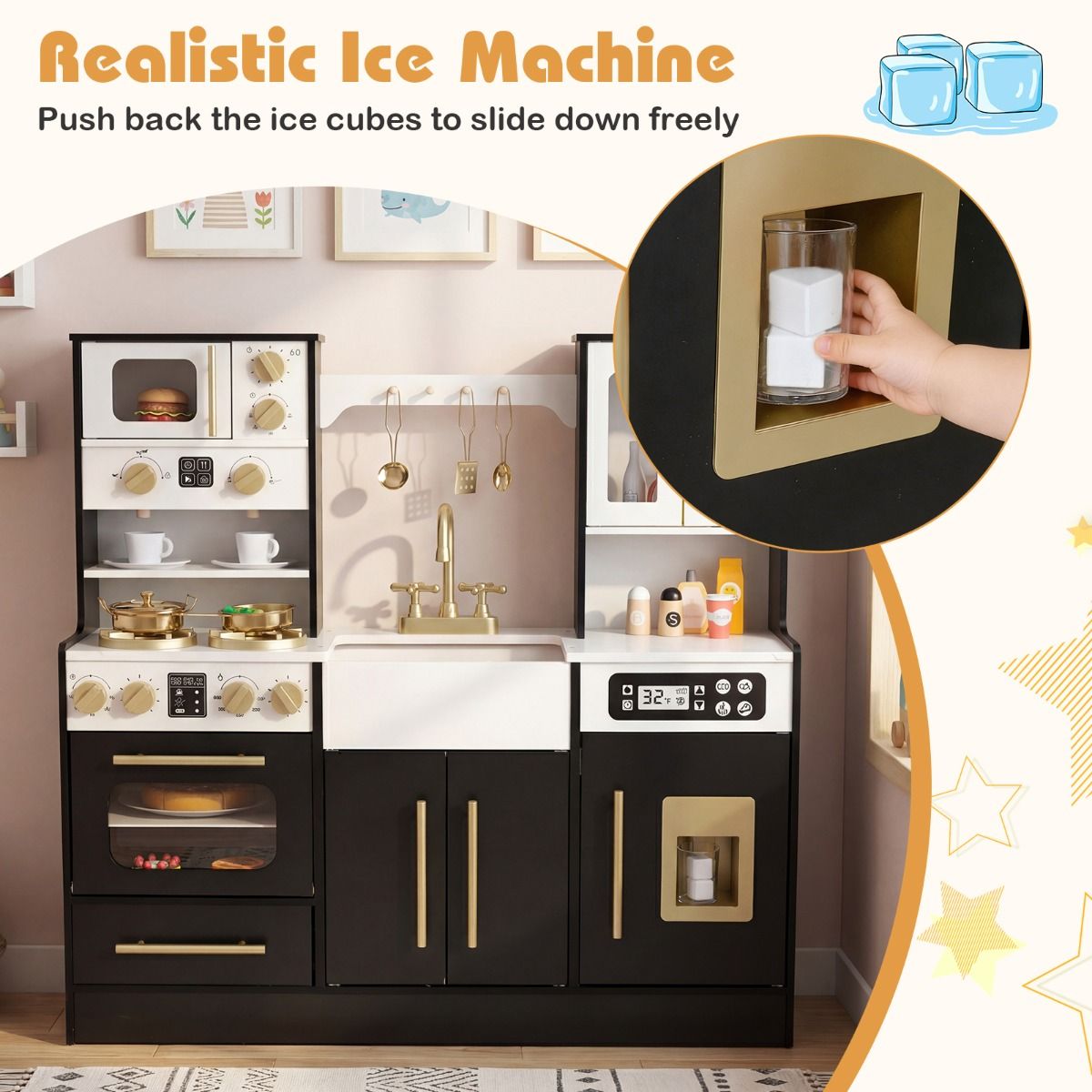 Wooden Kitchen Playset With Lights Sounds Ice Machine Black