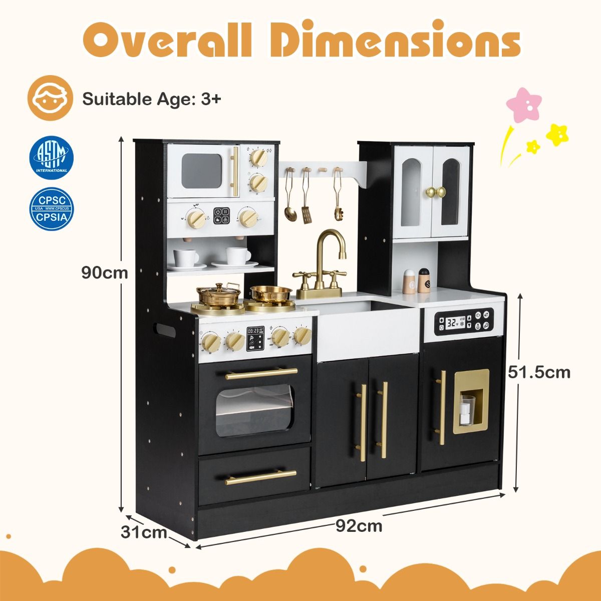 Wooden Kitchen Playset With Lights Sounds Ice Machine Black