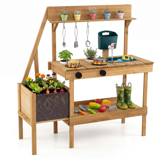 Costway Wooden Play Kitchen for Toddlers with Planter Box and Sink for Ages 3+-Natural