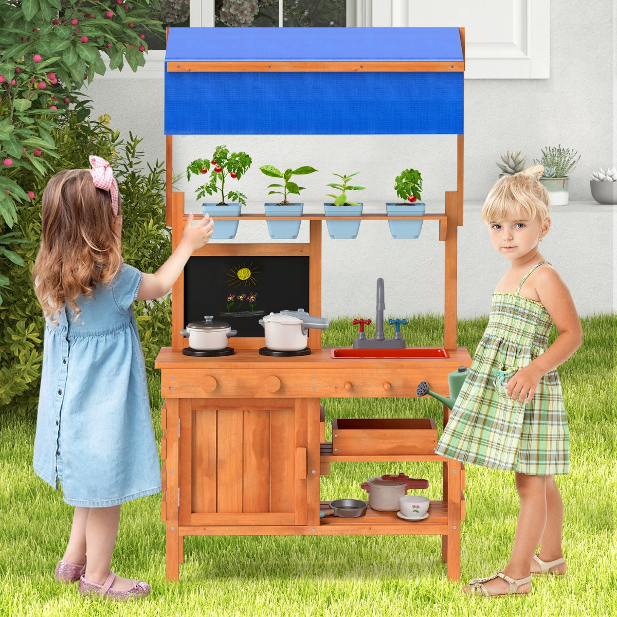 Costway Wooden Pretend Play Kitchen with Height Adjustable Canopy for Kids-Natural