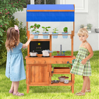 Costway Wooden Pretend Play Kitchen with Height Adjustable Canopy for Kids-Natural