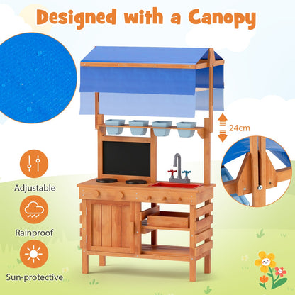 Wooden Pretend Play Kitchen | Adjustable Canopy, Natural Color