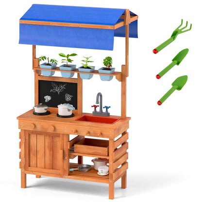 Wooden Pretend Play Kitchen | Adjustable Canopy, Natural Color