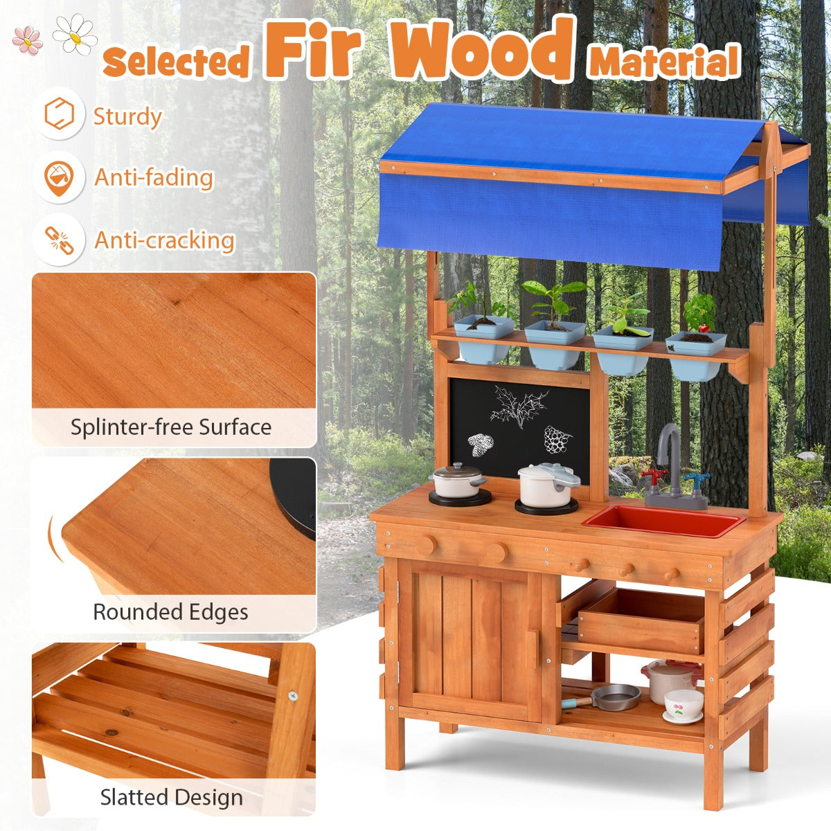 Wooden Pretend Play Kitchen | Adjustable Canopy, Natural Color