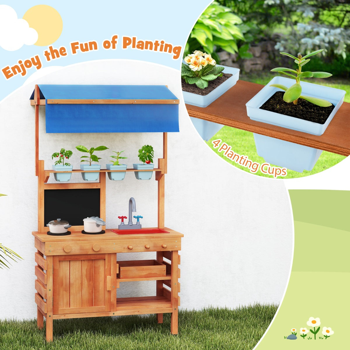 Wooden Pretend Play Kitchen | Adjustable Canopy, Natural Color