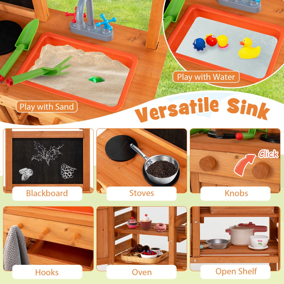 Wooden Pretend Play Kitchen | Adjustable Canopy, Natural Color