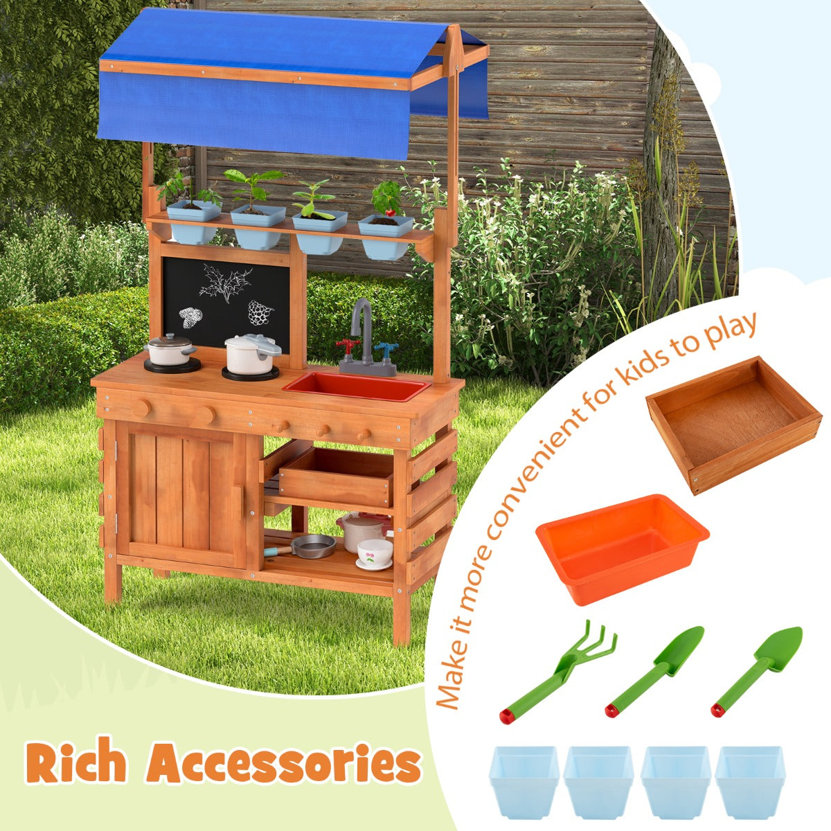 Wooden Pretend Play Kitchen | Adjustable Canopy, Natural Color