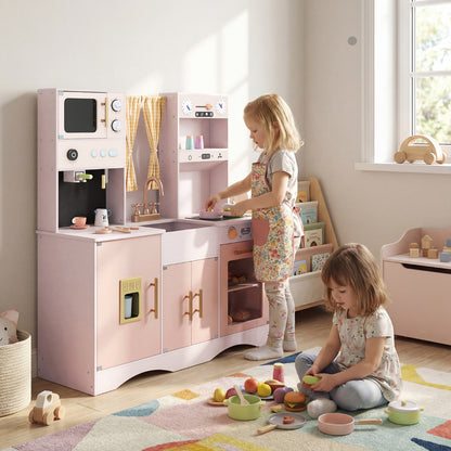Costway Wooden Pretend Play Kitchen with Microwave and Coffee Maker for Ages 3+-Pink