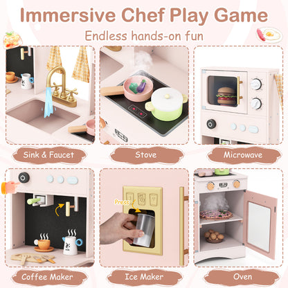 Pink Wooden Play Kitchen Set | Microwave Coffee Maker
