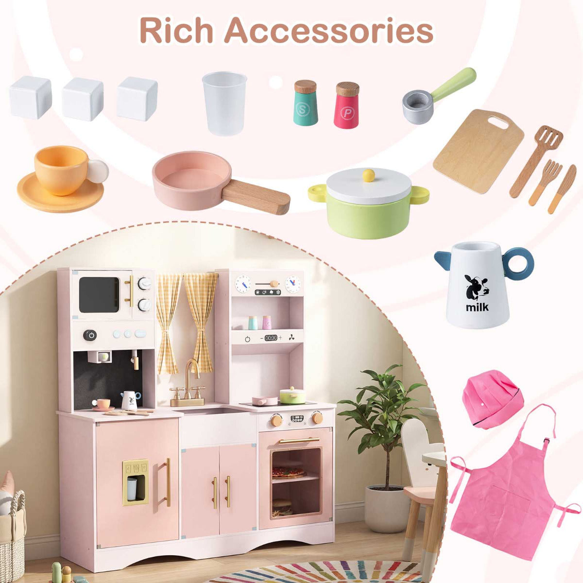 Pink Wooden Play Kitchen Set | Microwave Coffee Maker