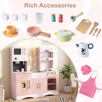 Pink Wooden Play Kitchen Set | Microwave Coffee Maker