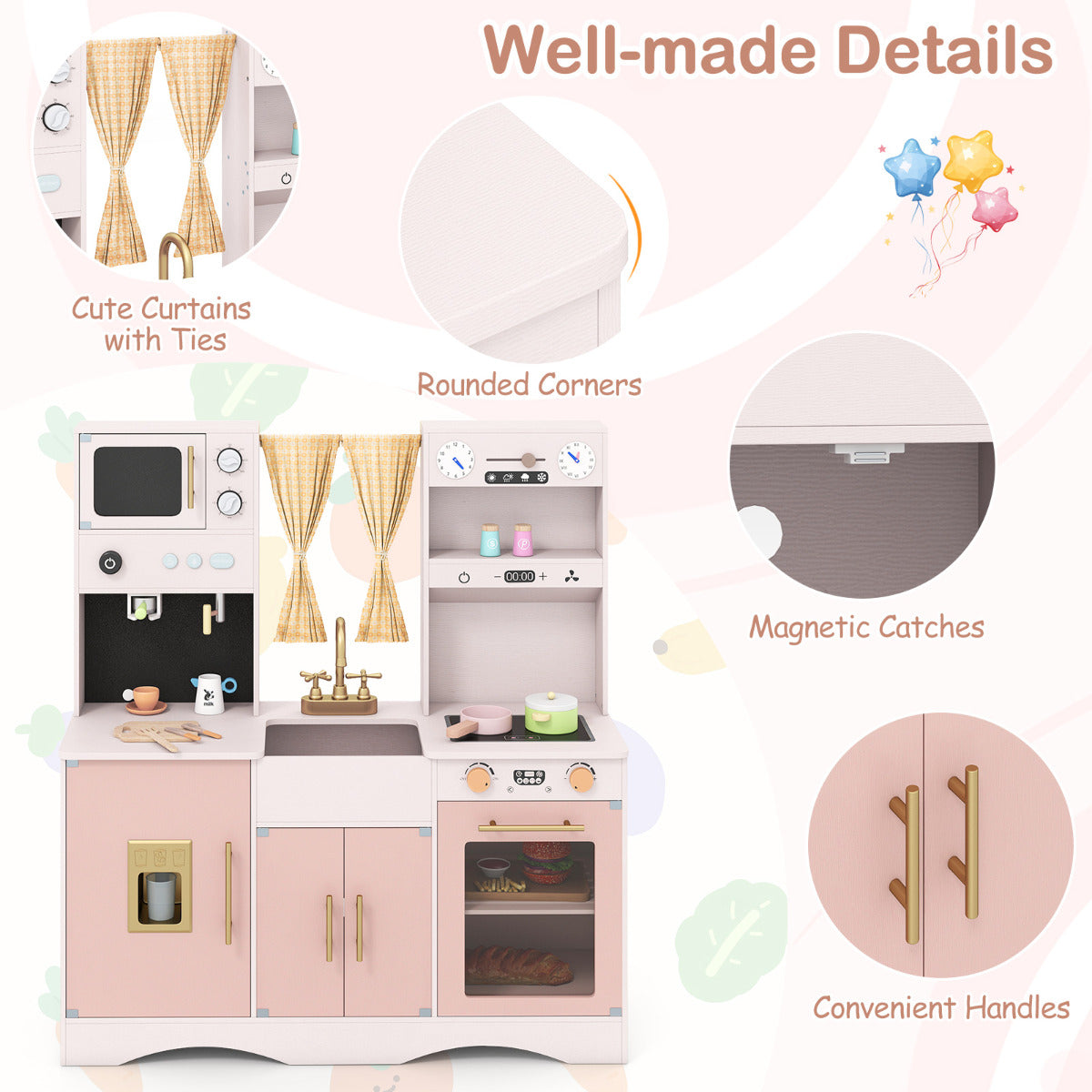 Pink Wooden Play Kitchen Set | Microwave Coffee Maker