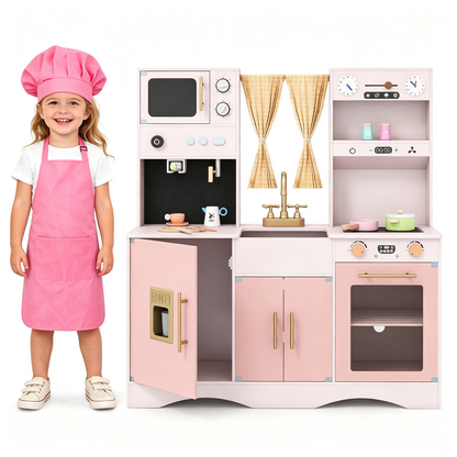 Pink Wooden Play Kitchen Set | Microwave Coffee Maker