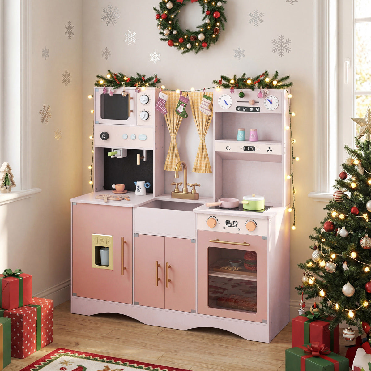 Pink Wooden Play Kitchen Set | Microwave Coffee Maker
