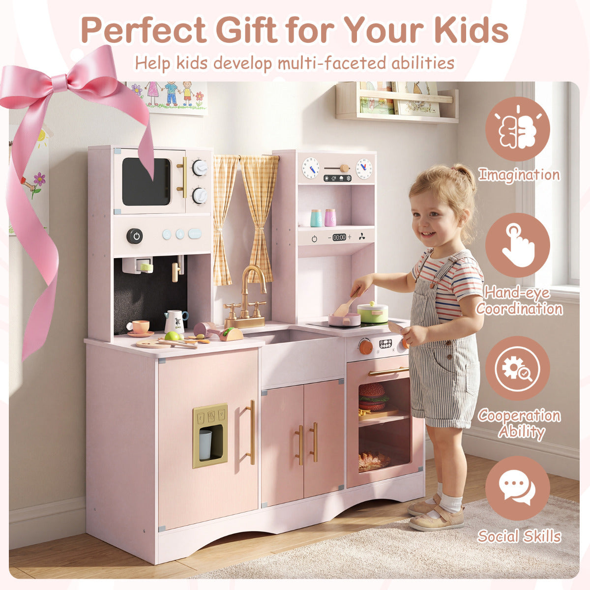 Pink Wooden Play Kitchen Set | Microwave Coffee Maker